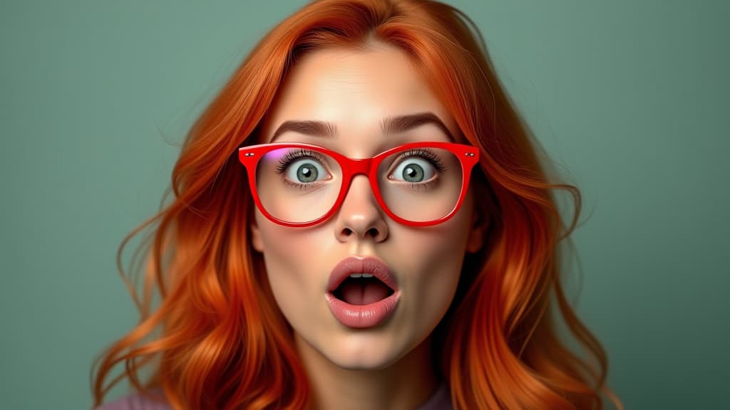  surprised redheaded woman with red glasses