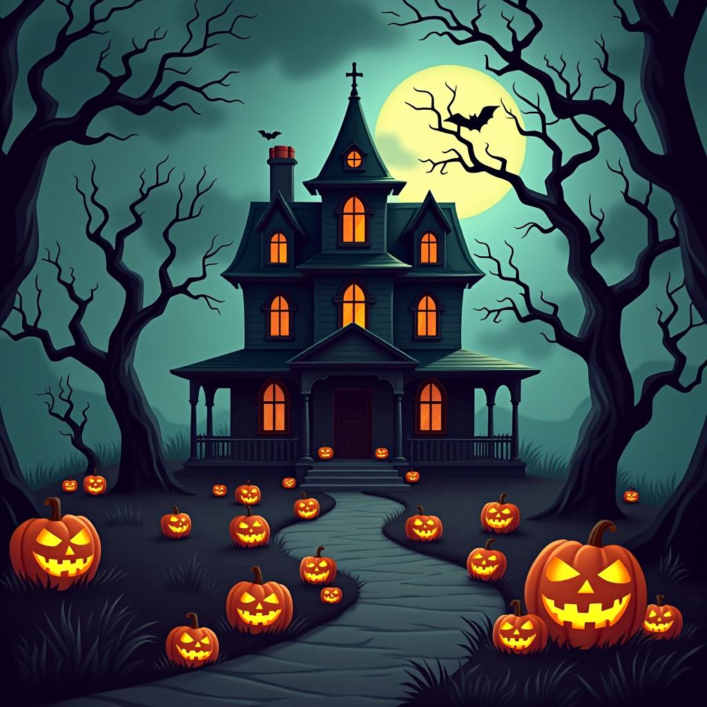  create a seamless digital painting of a spooky, halloween themed scene featuring a haunted house with gothic architecture. the house should be surrounded by twisted, gnarled trees and a multitude of jack o' lanterns. the scene should include a dark, cloudy sky to enhance the eerie atmosphere. the overall style should be detailed and atmospheric, capturing the essence of a haunted, creepy environment perfect for halloween, ensuring the design is seamless for use in repeating patterns or wraps.