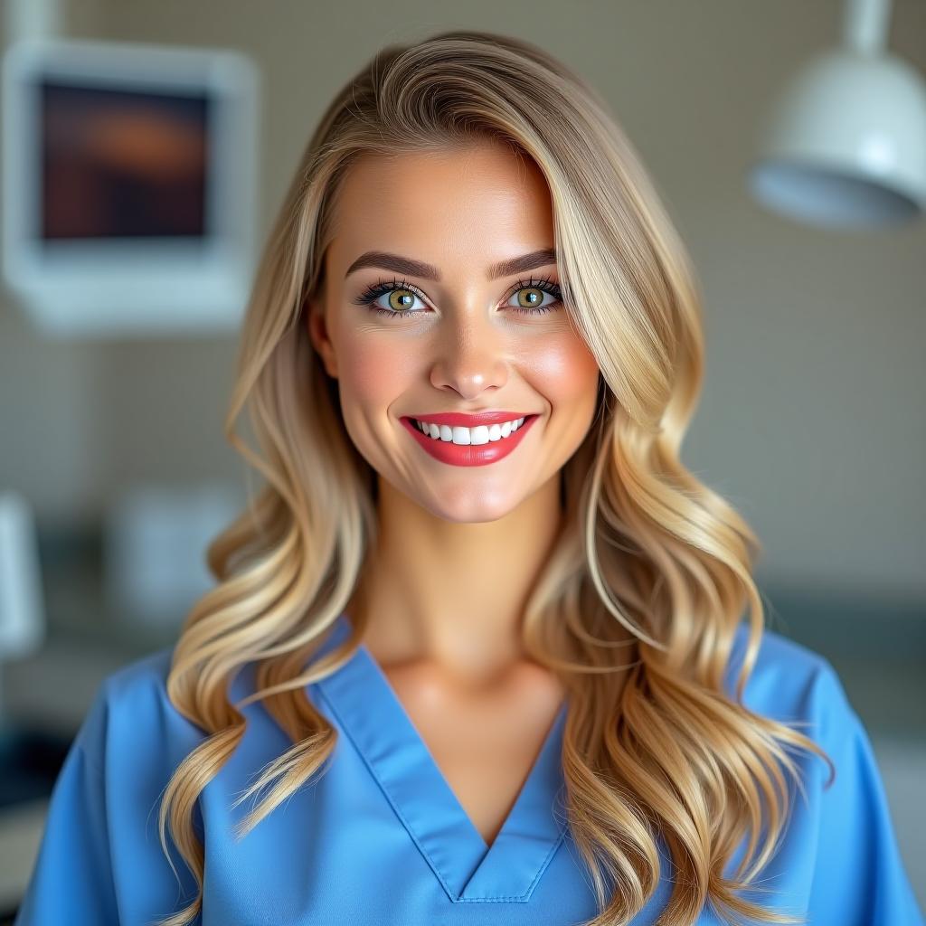  make an image of blonde woman with brown eyes and red lipstick wearing blue scrubs in a dental office