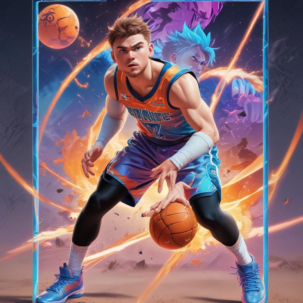 distance-shot, flashy, full-body, dynamic, holographic, animated cartoon poster of luka doncic in the style of dragon ball super