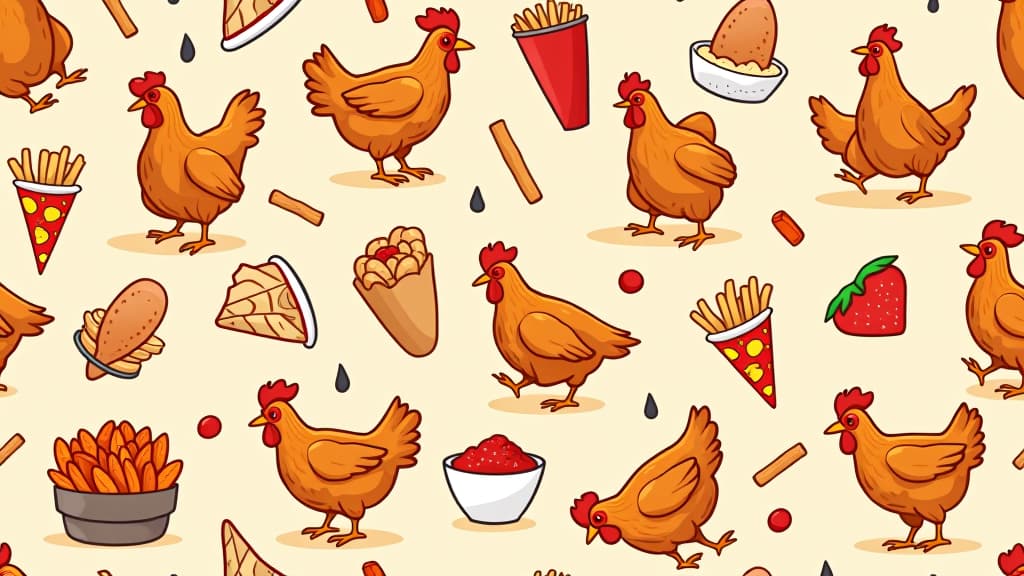  fried chicken cartoon seamless background with hand drawn illustrations