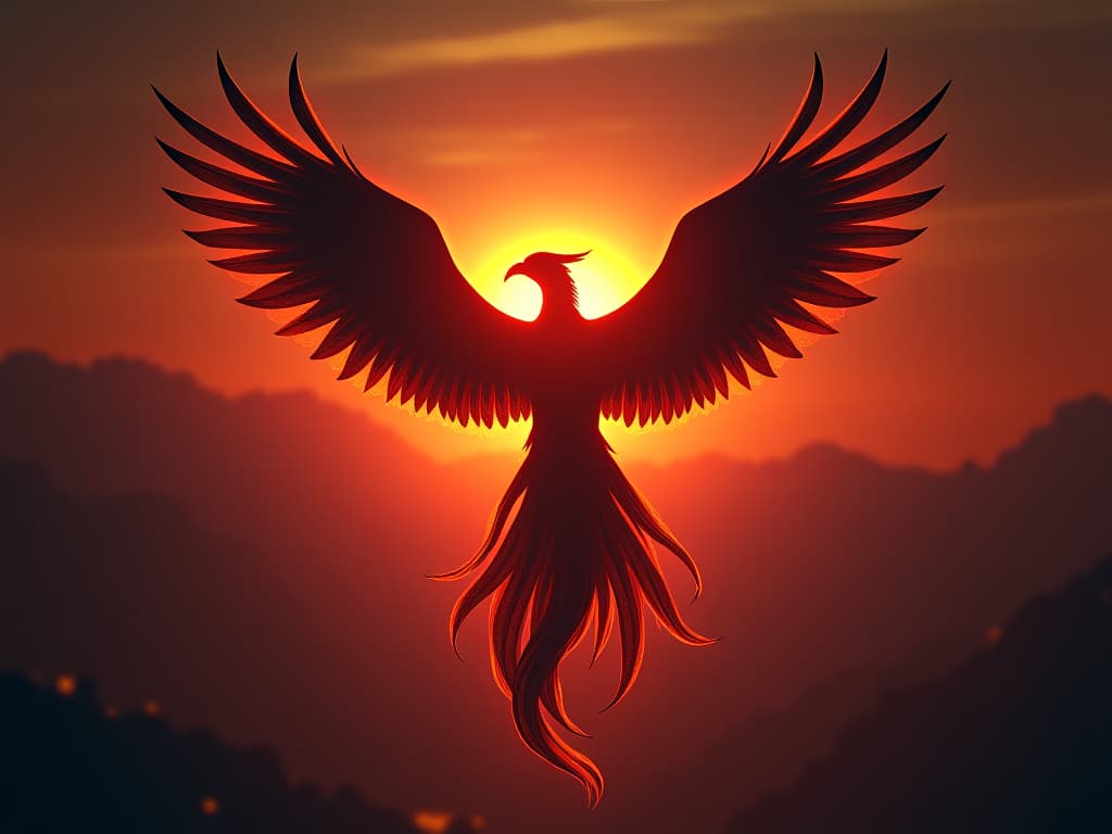  a phoenix flying skyward from ashes, wings spread wide against the morning sun. horizon, ember glow, rebirth, pursuit of integrity.. the style is dark fantasy and mysterious occult, symbolic, moody lighting, esoteric vibe,high detail on character design. for the color scheme emphasize blacks and reds.