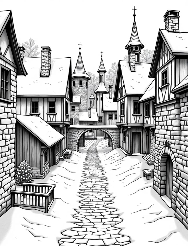  this is for an adult coloring page. a detailed black and white line art of a snowy snow covered courtyard in a medieval town on a solid white background.