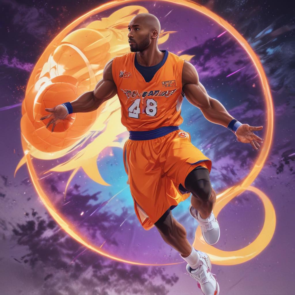 distance-shot, flashy, full-body, dynamic, holographic, animated cartoon poster of kobe in the style of dragon ball super