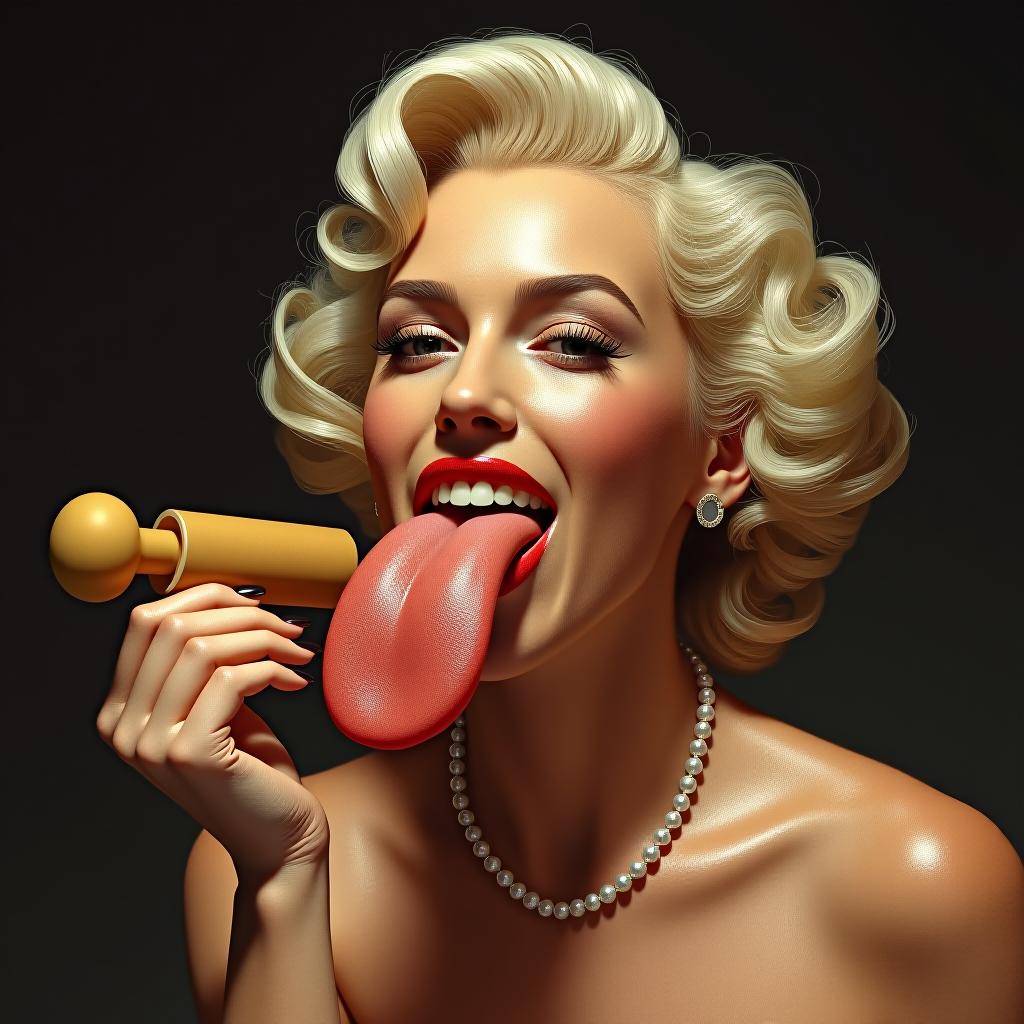  beautiful marilyn monroe sticking her large flat tongue fully out, covered in sweat, holding a tan colored cylinder with a mushroom at the end, award winning, professional, highly detailed, masterpiece