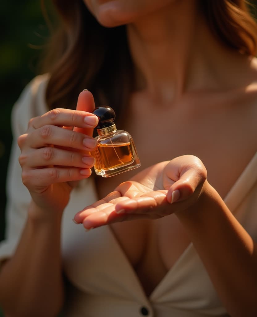  hdr photo of a woman applies a small amount of perfume to her wrist, hands, a small bottle, application, close up . high dynamic range, vivid, rich details, clear shadows and highlights, realistic, intense, enhanced contrast, highly detailed