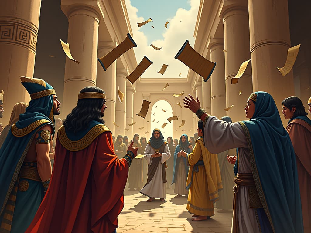  marketplace with merchants and traders arguing, scrolls and goods tossed in the air, representing unpredictable trade policies. the style is digital art illustration / modern comic book / mysterious occult, symbolic, esoteric vibe,high detail on character design, incorporating ancient egyptian symbology and attire.