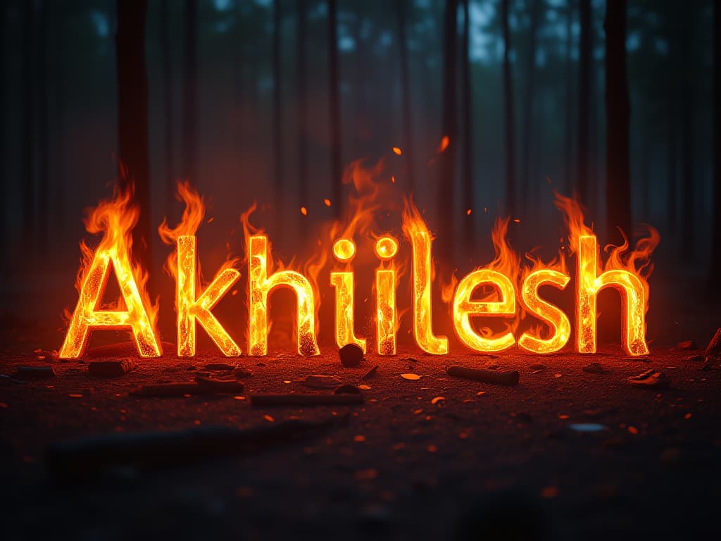  good quality, high quality, "akhilesh rajput" in glowing embers , in capital letter, formed out of burning firewood,  flames the text radiates heat and light in a dark, nighttime forest setting. the background features flickering shadows of trees, while warm, dominate the scene with a sense of rainbow color and mystery. hyperrealistic, full body, detailed clothing, highly detailed, cinematic lighting, stunningly beautiful, intricate, sharp focus, f/1. 8, 85mm, (centered image composition), (professionally color graded), ((bright soft diffused light)), volumetric fog, trending on instagram, trending on tumblr, HDR 4K, 8K