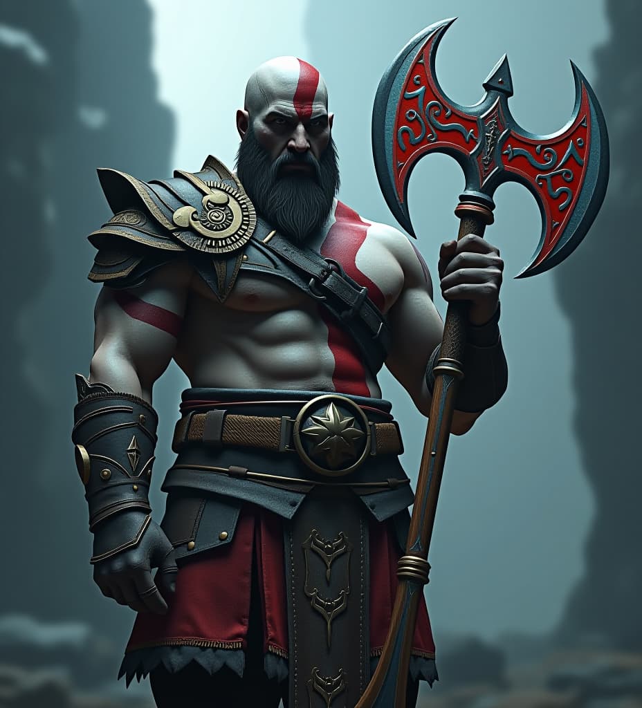  god of war kratos, holding detailed leviathan axe with nordic symbols, ultra high definition, dystopian futuristic setting