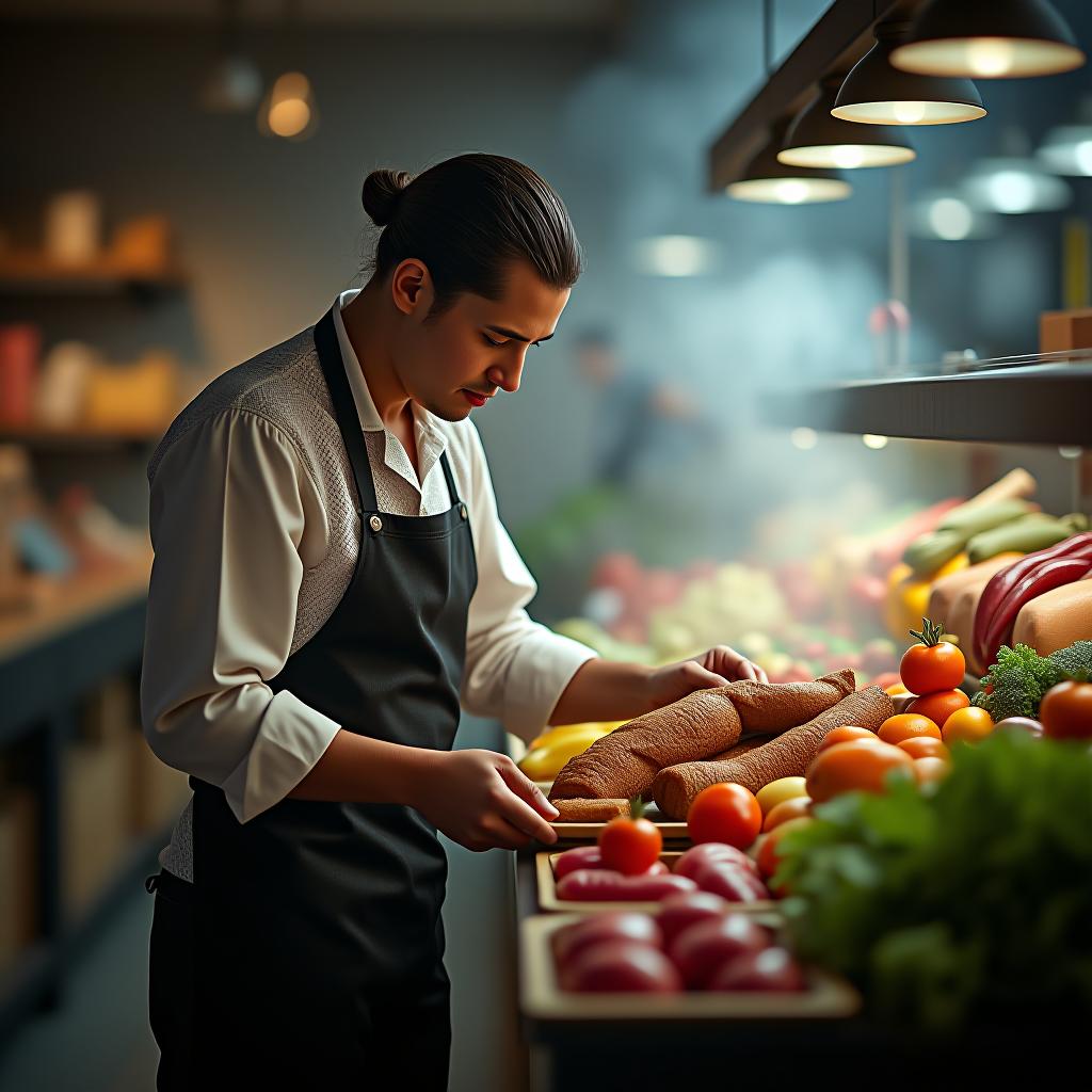  crea una imagen referencial a la investigacion de mercados, del rubro de la gastronomia hyperrealistic, full body, detailed clothing, highly detailed, cinematic lighting, stunningly beautiful, intricate, sharp focus, f/1. 8, 85mm, (centered image composition), (professionally color graded), ((bright soft diffused light)), volumetric fog, trending on instagram, trending on tumblr, HDR 4K, 8K