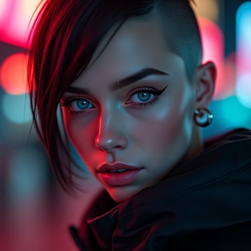  ultra realistic close up portrait ((beautiful pale cyberpunk female with heavy black eyeliner)), blue eyes, shaved side haircut, hyper detail, cinematic lighting, magic neon, dark red city, canon eos r3, nikon, f/1.4, iso 200, 1/160s, 8k, raw, unedited, symmetrical balance, in frame, 8k hyperrealistic, full body, detailed clothing, highly detailed, cinematic lighting, stunningly beautiful, intricate, sharp focus, f/1. 8, 85mm, (centered image composition), (professionally color graded), ((bright soft diffused light)), volumetric fog, trending on instagram, trending on tumblr, HDR 4K, 8K