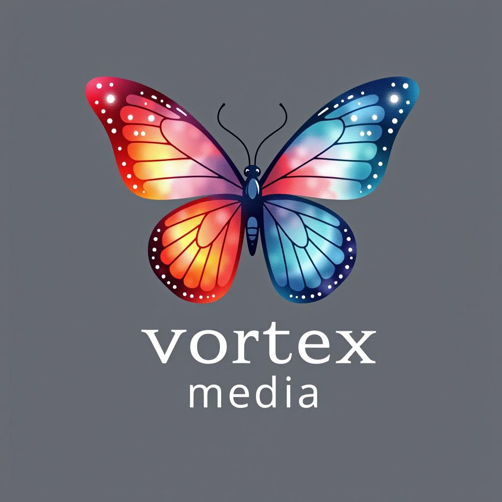  design a logo, watercolor style, logo of a butterfly, beautiful colors, with the text 'vortex media'.