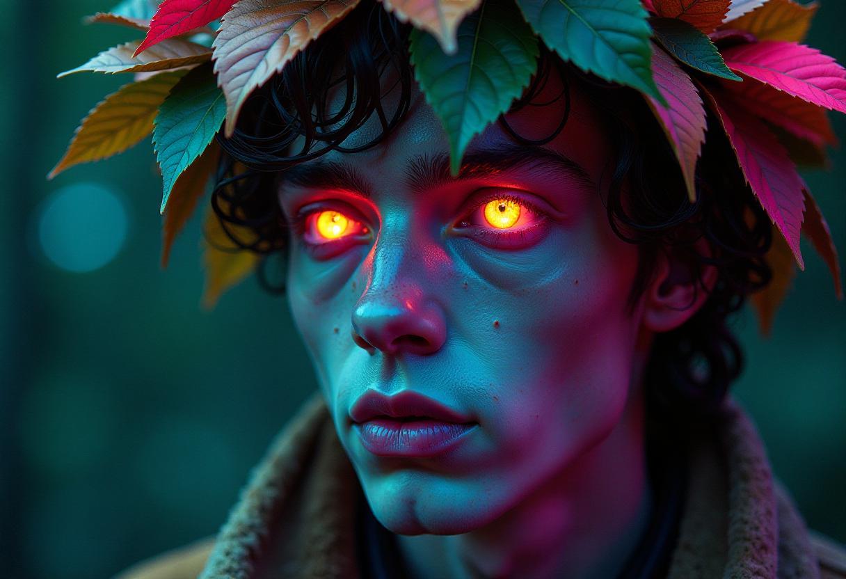  (james bidgood's photography:1.3) depicting close up portrait of a (male forest spirit) in a wreath of leaves. fantastic, high detail, sci fi, neon lit, crazy colored, mesmerizing look, erotically charged.