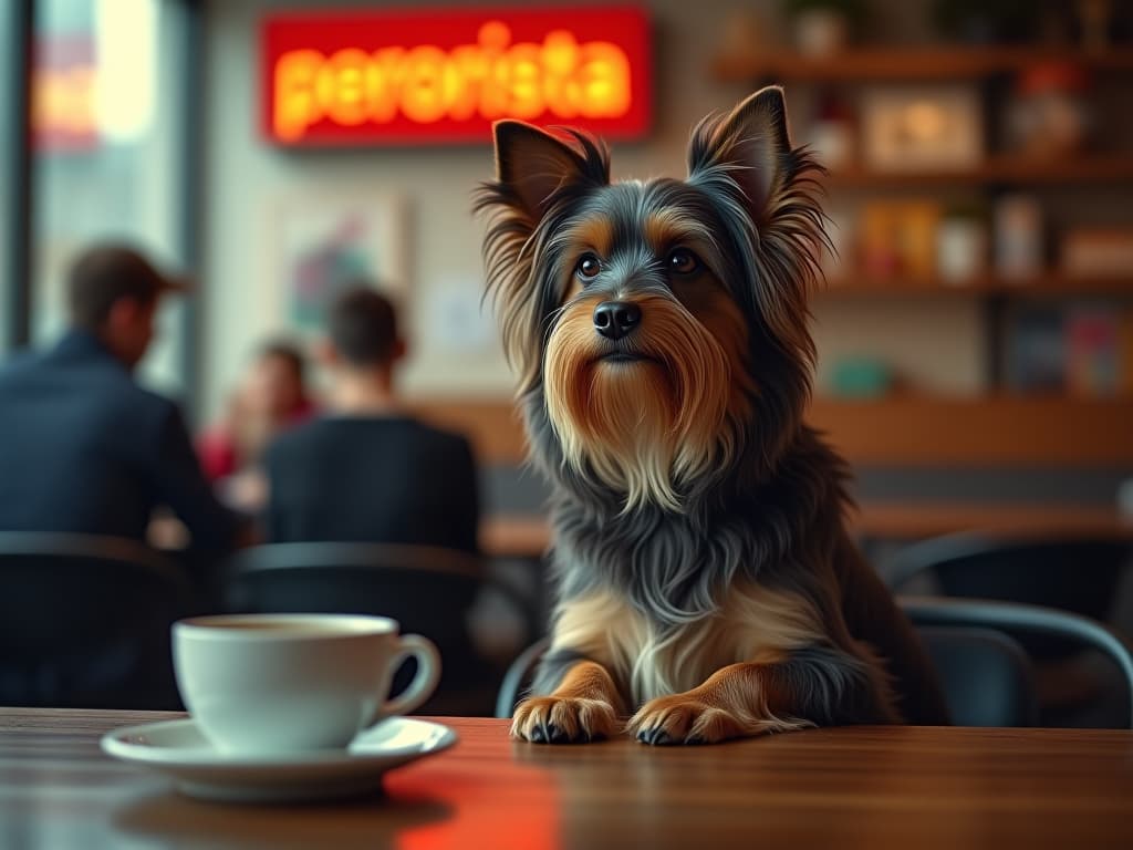  photo of a dog sitting on a table next to a cup of coffee. in the background there is a sign that says “perrorista” hyperrealistic, full body, detailed clothing, highly detailed, cinematic lighting, stunningly beautiful, intricate, sharp focus, f/1. 8, 85mm, (centered image composition), (professionally color graded), ((bright soft diffused light)), volumetric fog, trending on instagram, trending on tumblr, HDR 4K, 8K