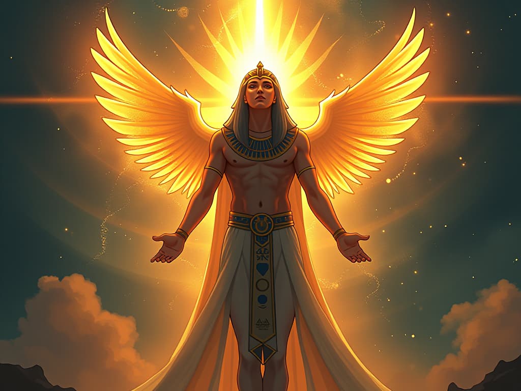  a radiant deity, surrounded by light, divine intervention, atmosphere of guidance and transformation. the style is digital art illustration / modern comic book / mysterious occult, symbolic, esoteric vibe,high detail on character design, incorporating ancient egyptian symbology and attire.