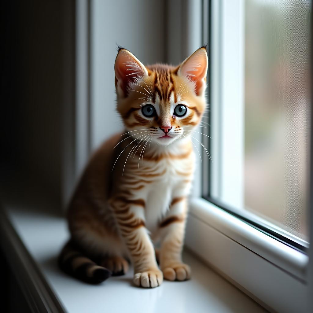  the little kitten is sitting on the windowsill.