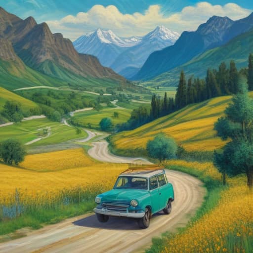 Mountains, trees, field, winding road, GM car in Van Gogh style with Nature background