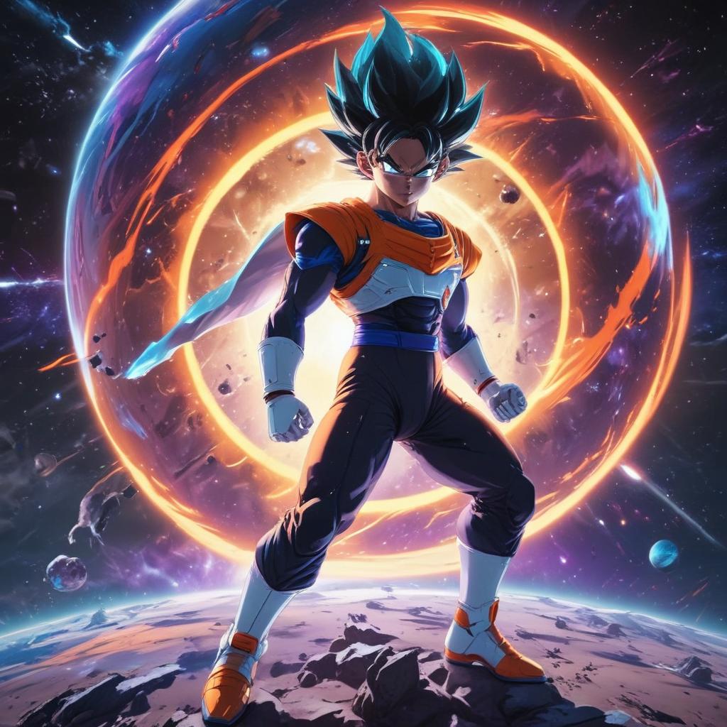 distance-shot, flashy, full-body, dynamic, holographic, animated cartoon poster of space in the style of dragon ball super