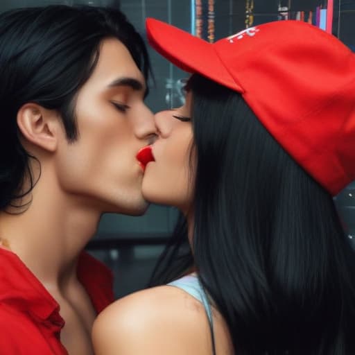 A man who carries bezel and red cap kisses a beautiful woman with long black hair, in full forex trading.