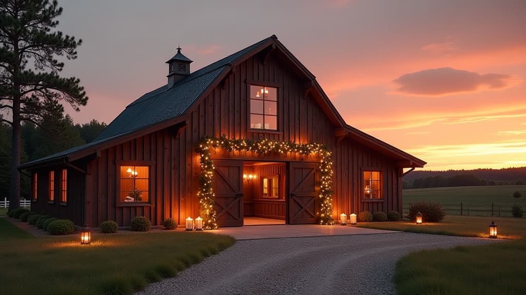  create an image with the following specifications: main subject: description: a rustic wooden barn with large open doors, decorated with fairy lights and floral garlands. style: romantic and rustic. setting: location: finnish countryside at sunset. composition: framing: wide shot capturing the entire barn facade and surrounding landscape. style: art movement: modern rustic photography. technique: high dynamic range (hdr) to capture the warm sunset light. atmosphere: mood: warm, inviting, and romantic. color palette: dominant colors: warm oranges, soft pinks, deep browns, golden yellows. mood: cozy and enchanting. details: foreground: a gravel path leading to the barn, lined with lanterns. background: rolling hills and a colorful suns hyperrealistic, full body, detailed clothing, highly detailed, cinematic lighting, stunningly beautiful, intricate, sharp focus, f/1. 8, 85mm, (centered image composition), (professionally color graded), ((bright soft diffused light)), volumetric fog, trending on instagram, trending on tumblr, HDR 4K, 8K