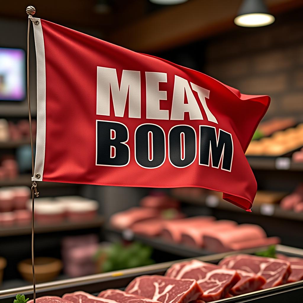  flag of the meat products store with the name "meat boom"