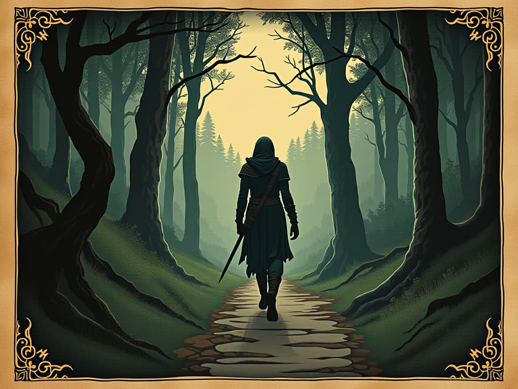  a warrior navigating through a dense forest, steps measured and deliberate, aware of surroundings, methodical, precise. an illustration in the style of a worn, mystical old tarot trump card, mysterious and elements of surrealism. the colors are muted, somber and eerie, but with contrast bring out an occult and esoteric vibe.