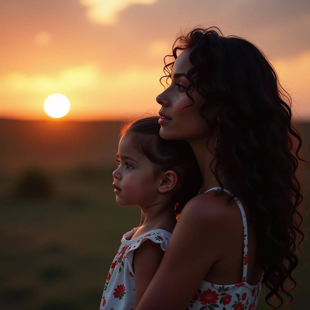  woman with long black curly hair watching sunset with her daughter, (natural skin texture), highly detailed face, depth of field, hyperrealism, soft light, muted colors