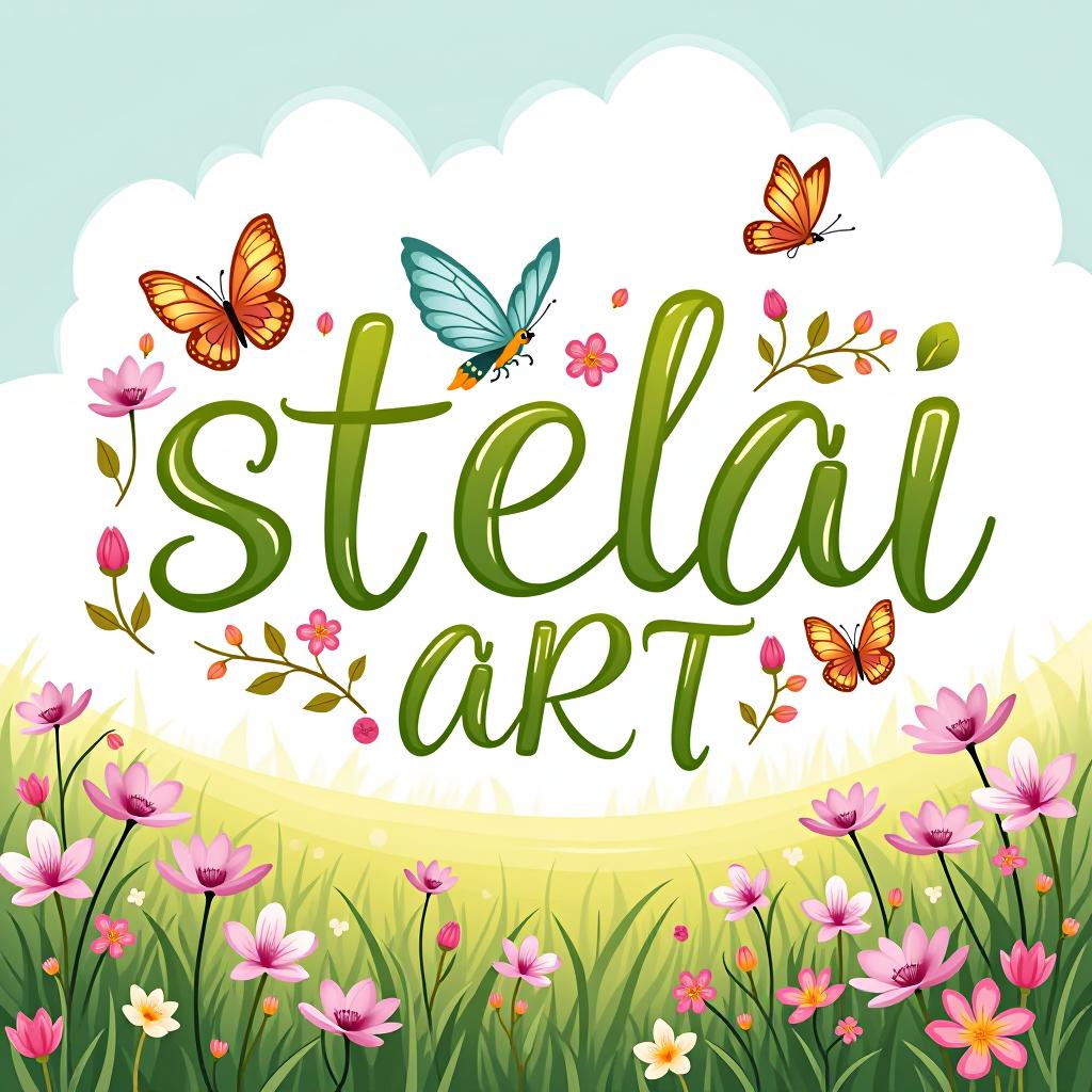  "create a spring themed lettering artwork featuring the capitalized text 'stelai art.' the design should evoke the freshness and renewal of spring, incorporating elements like blooming flowers, budding leaves, and butterflies. use light, whimsical fonts with a lively, flowing layout, and integrate soft, pastel colors such as pinks, greens, and light purples. the background should complement the springtime vibe, possibly with a garden scene, a bright sky, or a field of wildflowers."