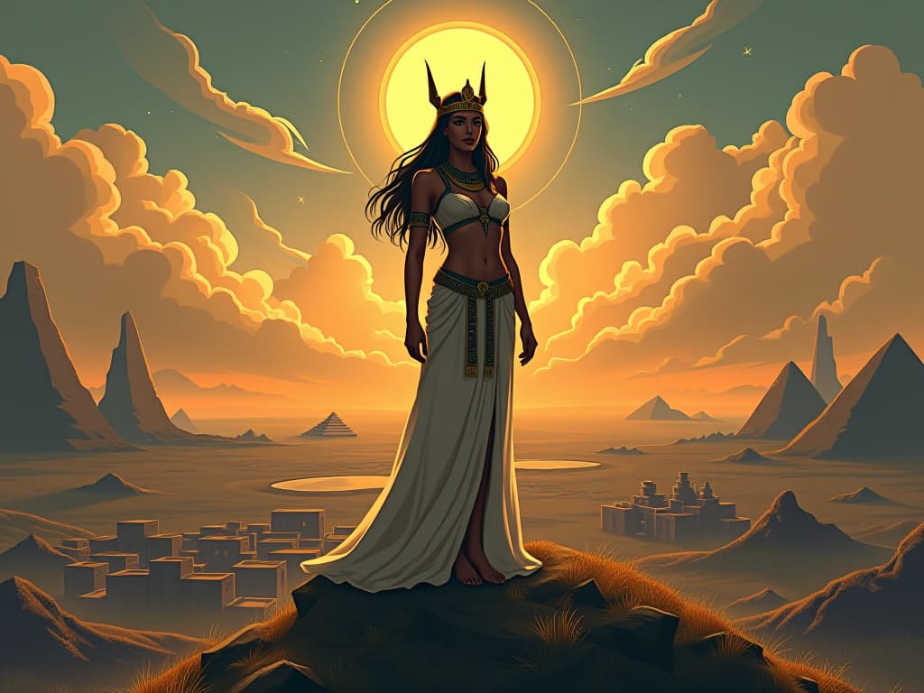  a large busted goddess standing atop a hill overlooking a village, radiating light, sense of celestial purpose and benevolence. the style is digital art illustration / modern comic book / mysterious occult, symbolic, esoteric vibe,high detail on character design, incorporating ancient egyptian symbology and attire.