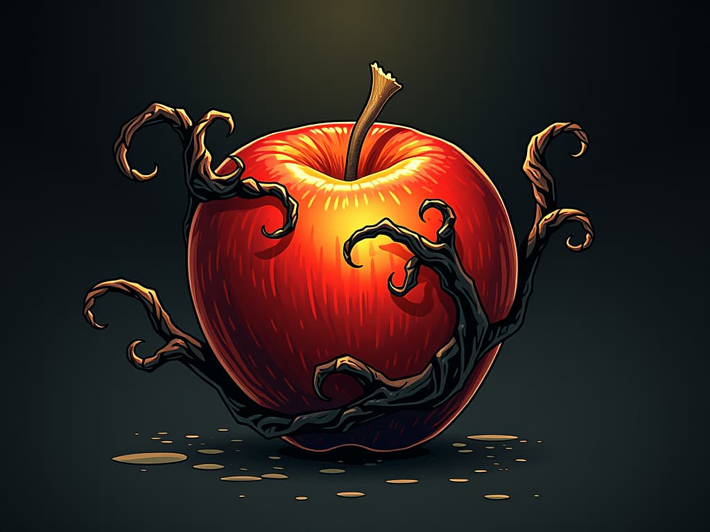  tempting golden apple, but with dark tendrils creeping from it, symbolizing enticing yet dangerous gifts. the style is digital art illustration / modern comic book / graphic dark novel fantasy and mysterious occult, symbolic, moody lighting, esoteric vibe,high detail on character design. for the color scheme emphasize blacks and reds.