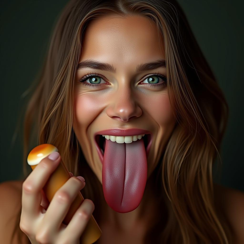  beautiful elizabeth olsen sticking her large flat tongue fully out, covered in sweat, holding a tan colored cylinder with a mushroom at the end, award winning, professional, highly detailed, masterpiece