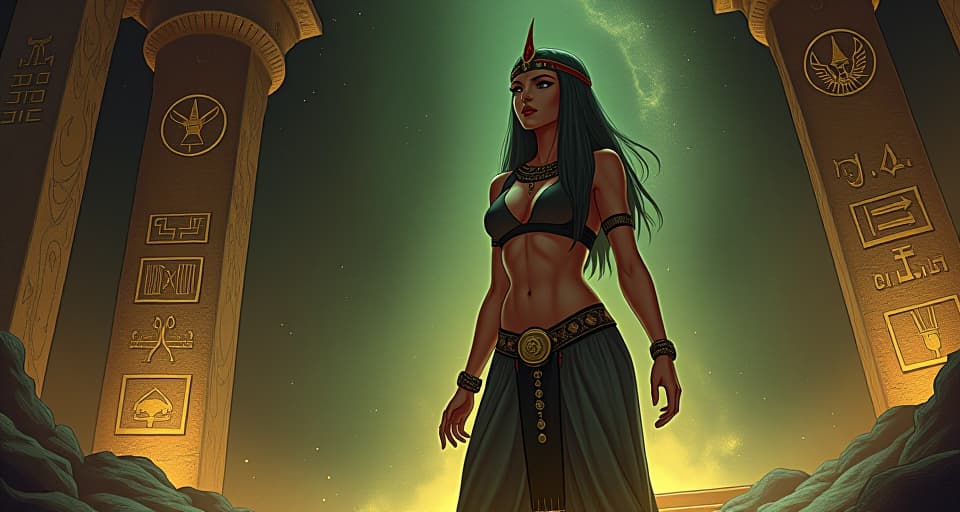  a mystical underground chamber with glowing symbols on the walls, a large busted priestess in tight, form fitting robes, tapping into an ancient source of power, symbolizing tapping into something deeper. the style is digital art illustration / modern comic book / mysterious occult, symbolic, esoteric vibe,high detail on character design, incorporating ancient egyptian symbology and attire.