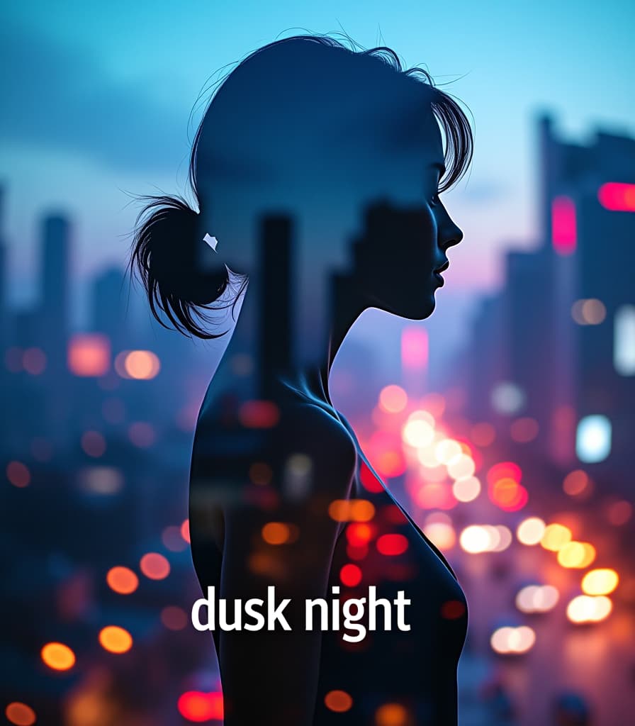  (masterpiece, 8k resolution, ultra high detailed:1.3), double exposure portrait of a woman’s silhouette, ethereal and graceful, blending with a futuristic cityscape, (mysterious and captivating:1.2), (soft neon hues:1.1), dynamic interplay of light and shadow, twilight ambience, (vibrant blues and purples:1.2), glowing city lights, delicate reflections, (cinematic lighting style:1.3), dusk; soft shadows, bustling urban environment, digital art, high resolution render, wide angle shot, vivid film stock, trending on artstation, top quality, awarded masterpiece, bottom center text “dusk night” blending seamlessly with background. hyperrealistic, full body, detailed clothing, highly detailed, cinematic lighting, stunningly beautiful, intricate, sharp focus, f/1. 8, 85mm, (centered image composition), (professionally color graded), ((bright soft diffused light)), volumetric fog, trending on instagram, trending on tumblr, HDR 4K, 8K