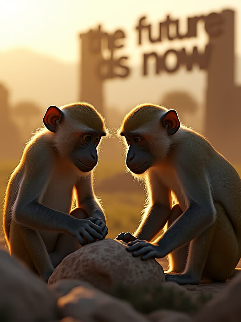  a hyper realistic portrait of two monkeys, both staring intently at a rock in front of them. their expressions are focused as they try to make sense of a problem. in the background, a ruin displays the text “the future is now” in bold letters. the scene takes place in a brightly lit savannah, with the glow of the sun illuminating the monkeys and their work. hyperrealistic, full body, detailed clothing, highly detailed, cinematic lighting, stunningly beautiful, intricate, sharp focus, f/1. 8, 85mm, (centered image composition), (professionally color graded), ((bright soft diffused light)), volumetric fog, trending on instagram, trending on tumblr, HDR 4K, 8K