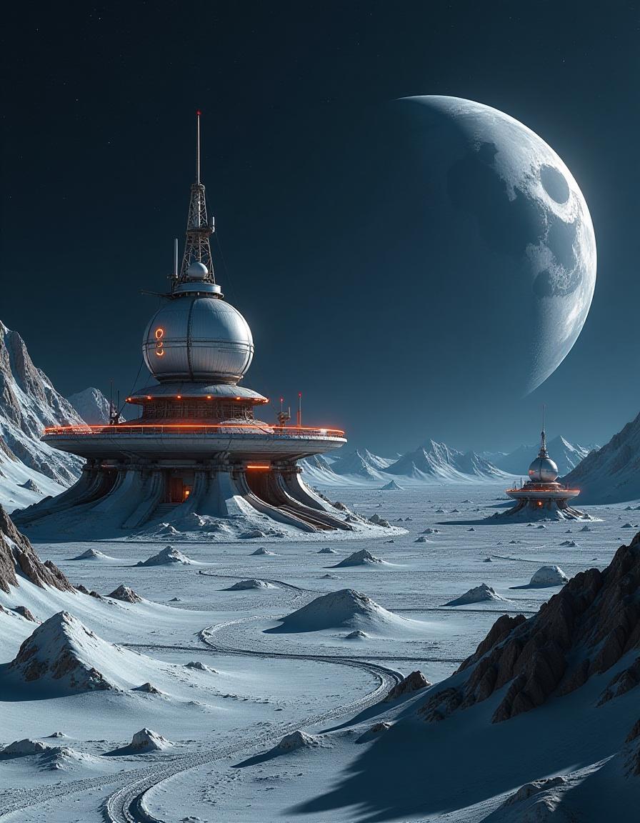  (stylized hyper realistic:1.3) (futuristic lunar base:1.2) featuring (spherical structures:1.1) and (communication antennas:1.2), constructed from (gleaming metal:1.3) and (smooth ceramics:1.3). the scene captures (astrophotography elements:1.2) under a (dark starry sky:1.3) with (earth visible on the horizon:1.1) illuminating the landscape. surrounding the base are (lunar craters:1.2) detailed in (high dynamic range:1.3), showcasing textures in (ultra high definition:1.2) at (16k resolution:1.1). the composition radiates a sense of (exploration and innovation:1.3), resulting in a (best quality, awarded masterpiece:1.3).