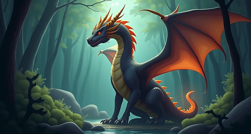  majestic dragon with radiant scales, rising up from a dense forest, powerful and imposing presence, magical ambiance. the style is digital art illustration,highly detailed, whimsical,magical, dreamlike atmosphere, realism and fantasy blend, smooth, glossy textures,luminous quality, wonder and enchantment.