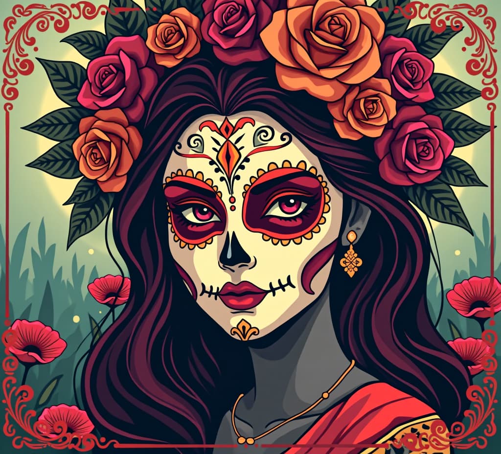  design banner for the day of the dead with mexican painted woman face for websites or social media, background cards invitation wallpaper sticker decoration free space for text