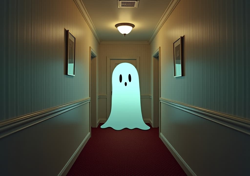  a cute sheet ghost in a hallway of a vintage retro hotel corridor