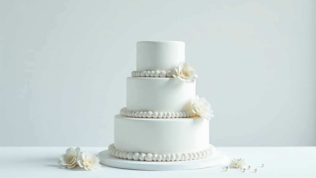  create an image with the following specifications: main subject: description: a stylized wedding cake with multiple tiers, decorated with price tags hanging from each layer. style: modern and minimalist. setting: location: clean, white studio background. composition: framing: center aligned, full view of the cake from a slightly low angle. style: art movement: contemporary realism. technique: high key photography. atmosphere: mood: elegant and informative. color palette: dominant colors: white, silver, pastel blue. mood: clean and sophisticated. details: foreground: small decorative elements like sugar flowers or pearls scattered around the base of the cake. background: soft, diffused lighting creating a subtle shadow. technical spe hyperrealistic, full body, detailed clothing, highly detailed, cinematic lighting, stunningly beautiful, intricate, sharp focus, f/1. 8, 85mm, (centered image composition), (professionally color graded), ((bright soft diffused light)), volumetric fog, trending on instagram, trending on tumblr, HDR 4K, 8K