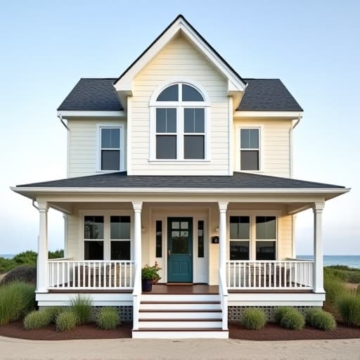  a charming coastal house exterior featuring light pastel colors, shiplap siding, large windows, white wooden trim, and a wraparound porch with nautical decor, situated near a sandy beach with gentle waves in the background.