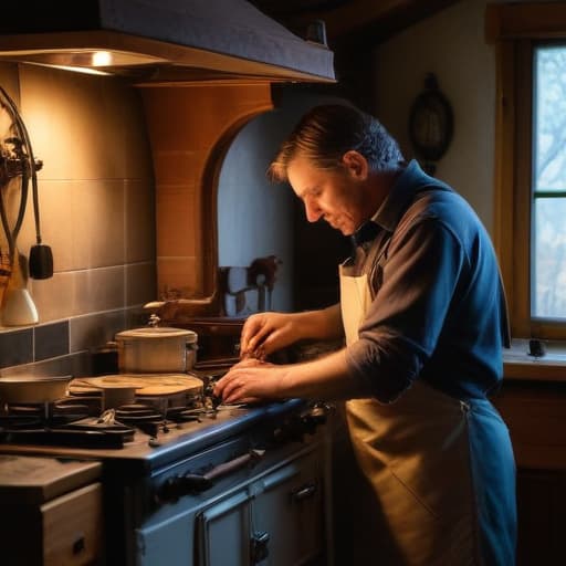 A photo of a skilled technician meticulously repairing a vintage stove in a rustic farmhouse kitchen during the soft glow of early morning light filtering through a large, frosted window.