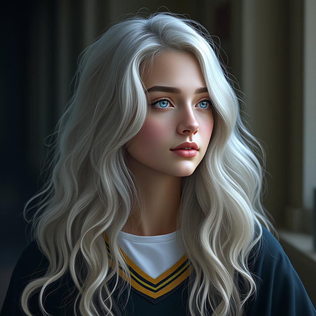  eileen fletcher hair long wavy silver ,eyes light blue age 18 halfblood protronus : bobcat hogwarts house : huffle puff (black ,yellow and grey ) (harry potter style) 5’4 (female big ), award winning, professional, highly detailed, masterpiece