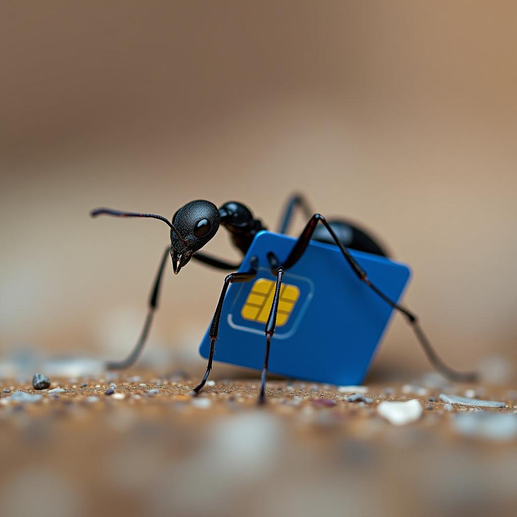  a little black ant is carrying a blue sim card in its front legs.