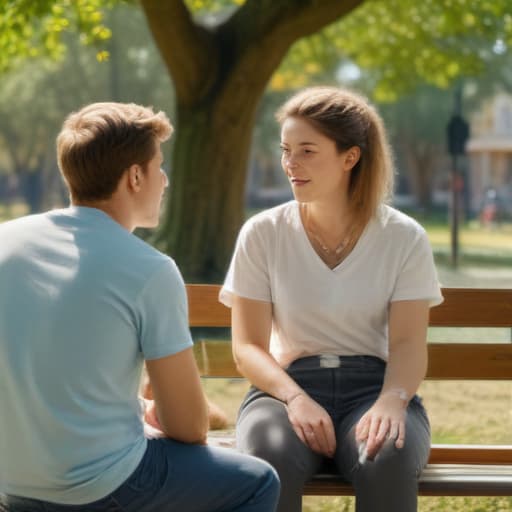 An image of two people wearing casual clothes, sitting at a park bench, having a (((conversation))), sunny day, detailed, realistic