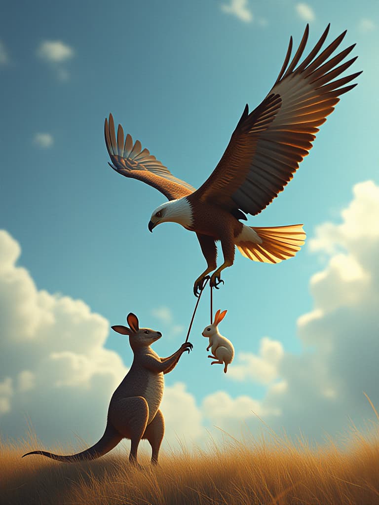  little kangaroo, follow the eagle. eagle grabs the white rabbit in the sky, steppe