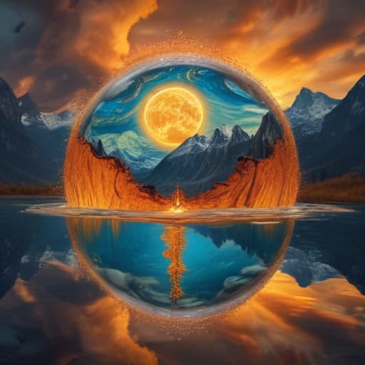 An image of flat earth within a droplet of fire falling through the air into water in Van Gogh style with Mountains background