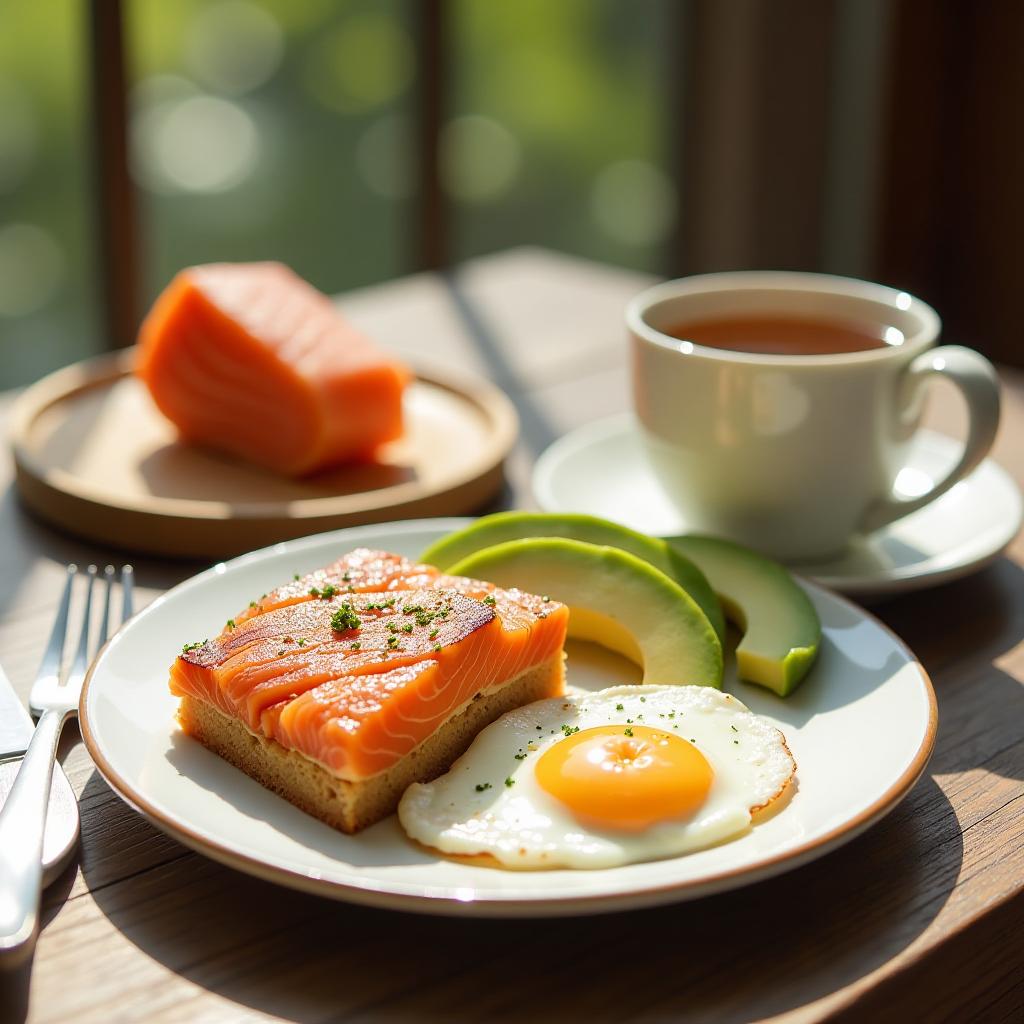  healthy breakfast with eggs, avocado, salmon and hot tea on the table sunny day {prompt}, maximum details