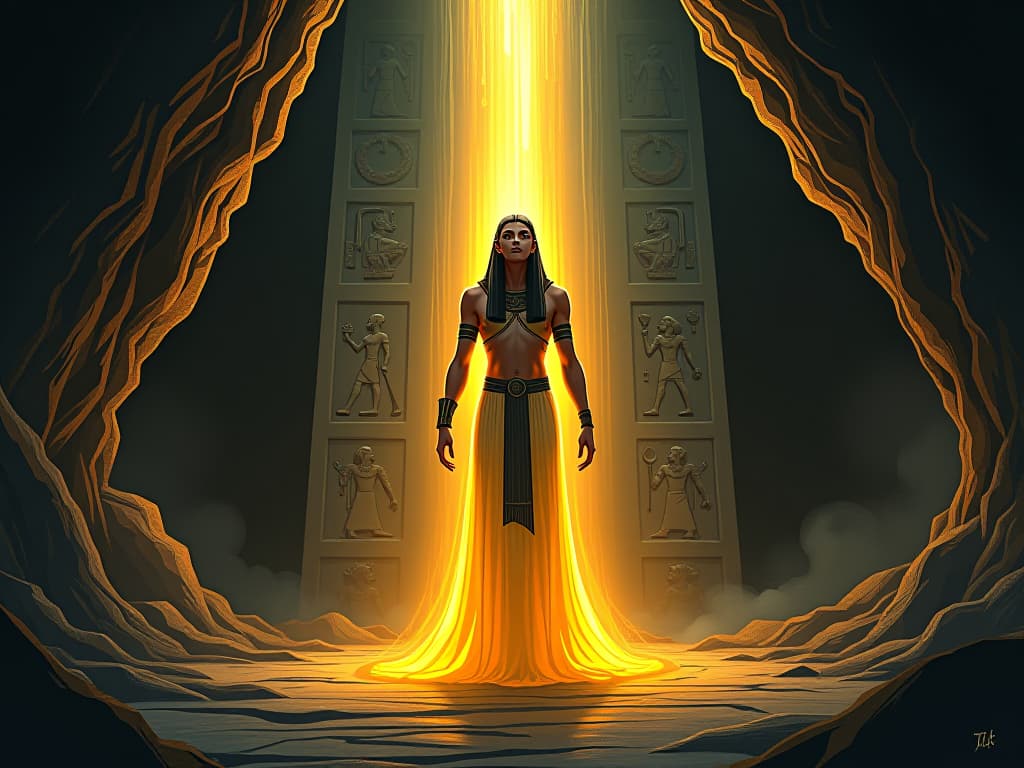  a luminous figure, standing in a dark cavern, light emanating brightly, illuminating ancient carvings, representing brilliance and illumination. the style is digital art illustration / modern comic book / mysterious occult, symbolic, esoteric vibe,high detail on character design, incorporating ancient egyptian symbology and attire.