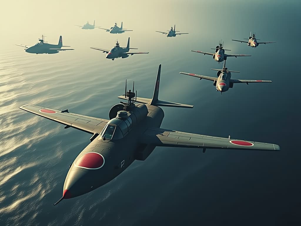  an aerial view of the fierce naval battle, showcasing aircraft from both american and japanese fleets in the sky. hyperrealistic, full body, detailed clothing, highly detailed, cinematic lighting, stunningly beautiful, intricate, sharp focus, f/1. 8, 85mm, (centered image composition), (professionally color graded), ((bright soft diffused light)), volumetric fog, trending on instagram, trending on tumblr, HDR 4K, 8K