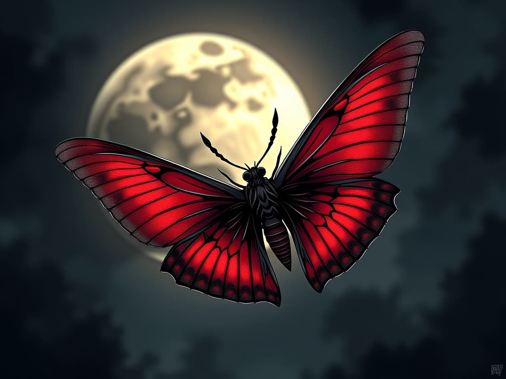  red moth fluttering in the night, delicate and harmless, against a backdrop of an ominous moon, whisper of subtle danger. the style is digital art illustration / modern comic book / graphic dark novel fantasy and mysterious occult, symbolic, moody lighting, esoteric vibe,high detail on character design. for the color scheme emphasize blacks and reds.